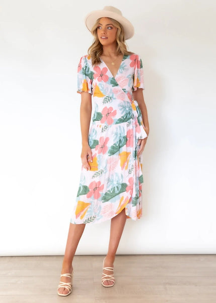 V-neck Strappy Irregular Short-sleeved Printed Sashes Dresses