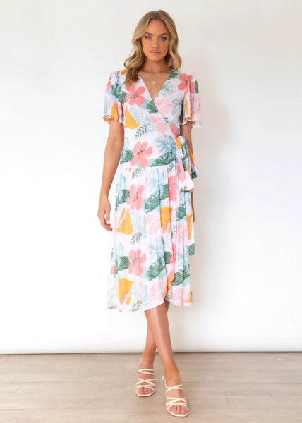 V-neck Strappy Irregular Short-sleeved Printed Sashes Dresses