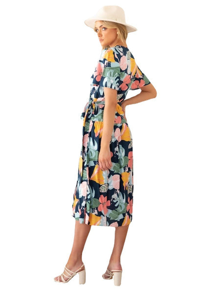 V-neck Strappy Irregular Short-sleeved Printed Sashes Dresses