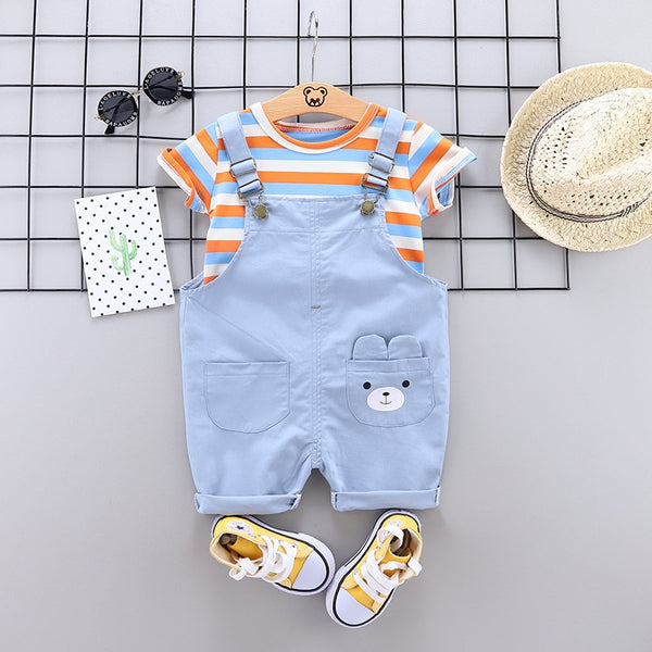 Stripe T Shirts Bib Shorts 2Pcs/sets