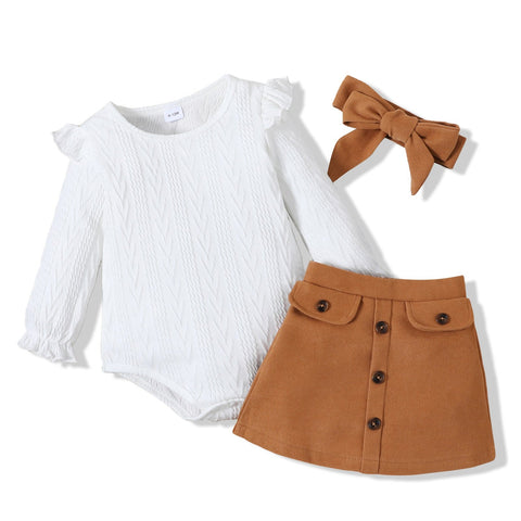 Ruffled Cable Knit Textured White Sweater, Button Design Brown Skirt and Headband Set