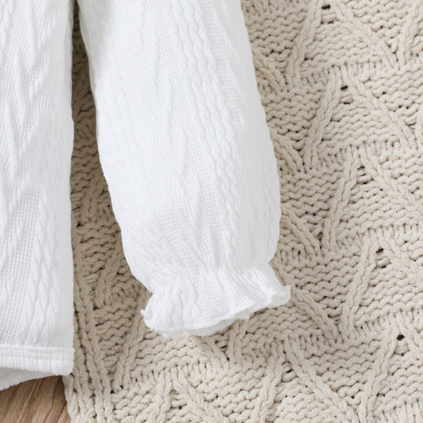 Ruffled Cable Knit Textured White Sweater, Button Design Brown Skirt and Headband Set