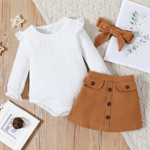 Ruffled Cable Knit Textured White Sweater, Button Design Brown Skirt and Headband Set